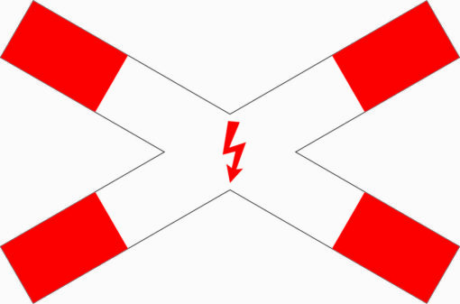 Andreaskreuz, liegend, mit Blitzpfeil